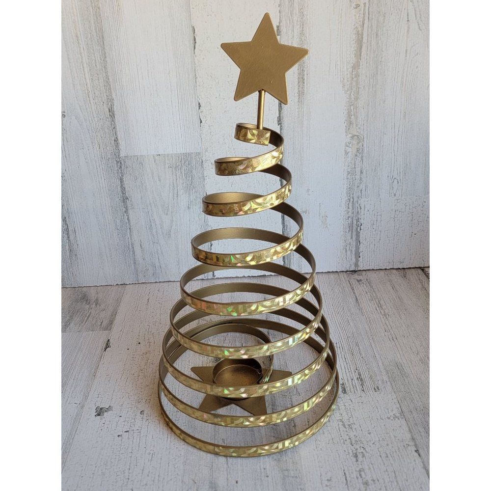 Golden metal spiral tea light holder tree star candle‎ Xmas decor